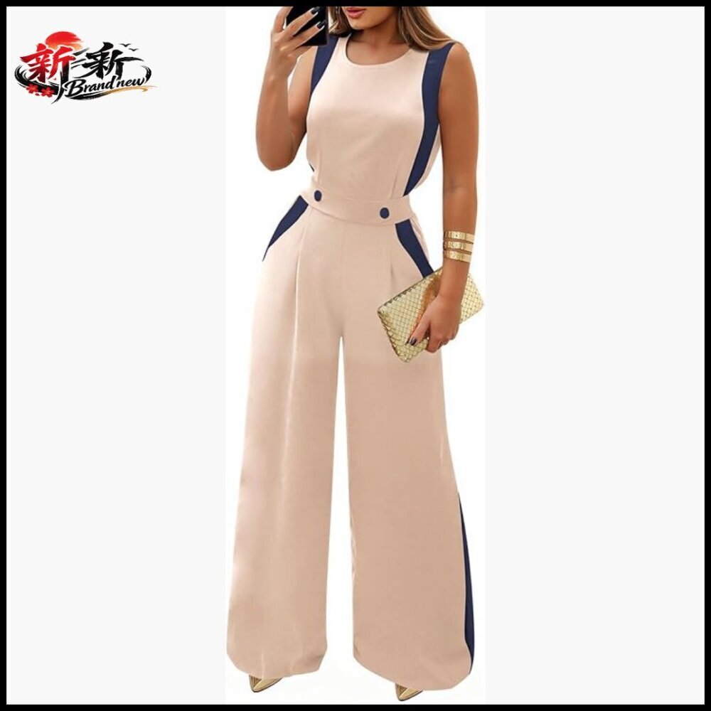 Polyester Jumpsuit with Color Block Panels, Sleeveless Wide Leg Romper